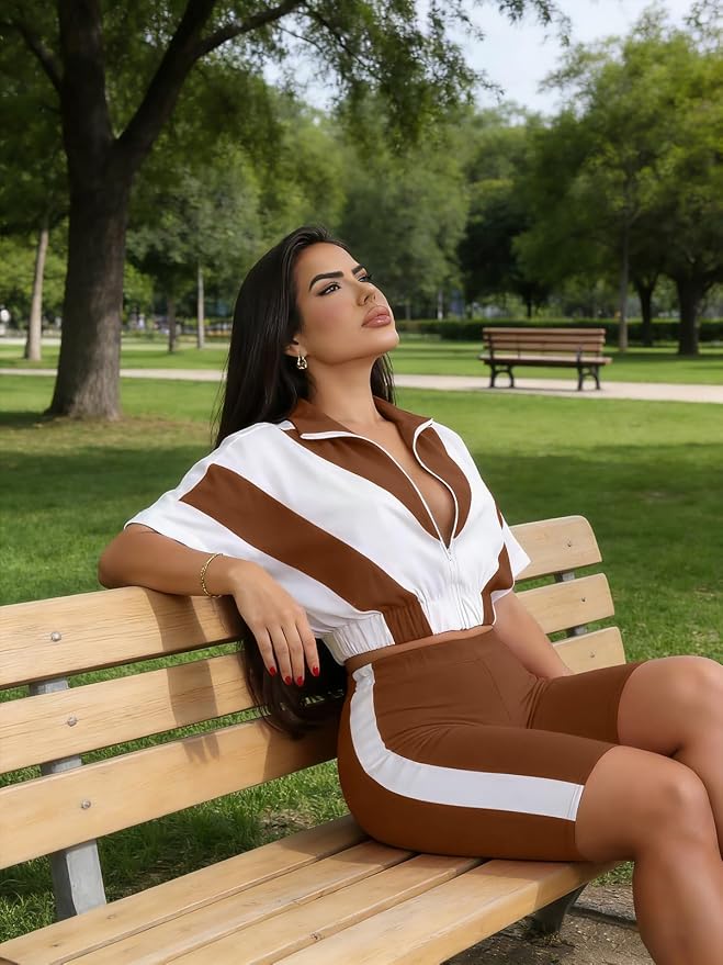 Adogirl Women 2 Piece Outfits Summer Tracksuit Color Block Short Sleeve Full Zip Up Cropped Jacket Bodycon Shorts Lounge Sets