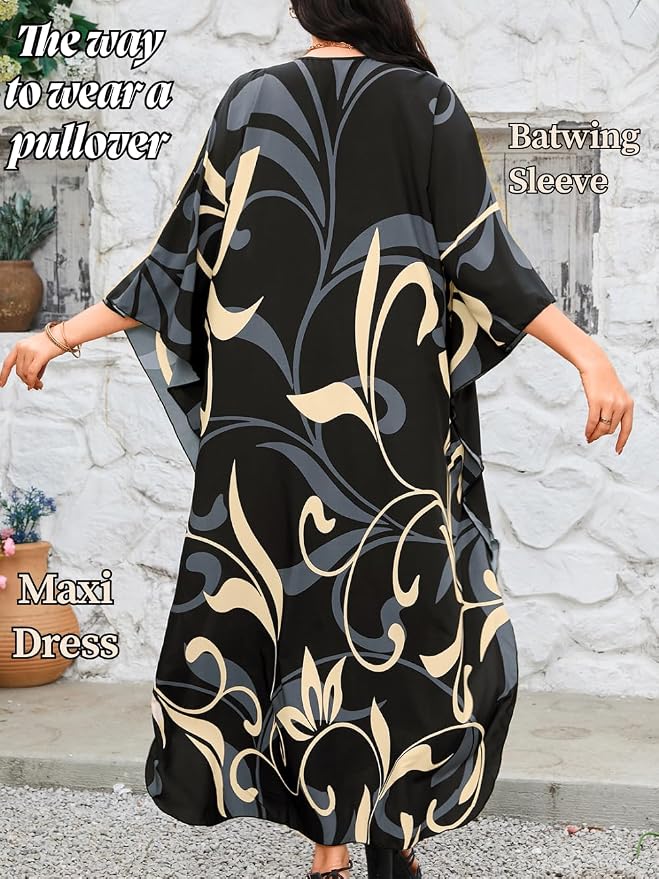 ChiaoLezhee Print Moo-Moos for Women, Kaftan Cover-Up Dresses, Sexy V-Neck High-Slit, Beach Pool-Party Coverups Muumuu Plus