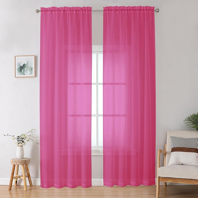 OWENIE Hot Pink Sheer Curtains for Bedroom Living Room 96 Inches Long 2 Panels Set, Soft Solid Light Filtering Clear Sheer Ceiling to Floor for Large Window, 2Pcs, Each 42" W x 96" L, Hot Pink