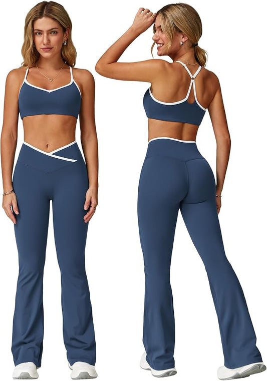 ABOCIW Workout Sets for Women 2 Piece Color Block Strappy Sports Bra High Waist Shorts Gym Yoga Pilates Outfits