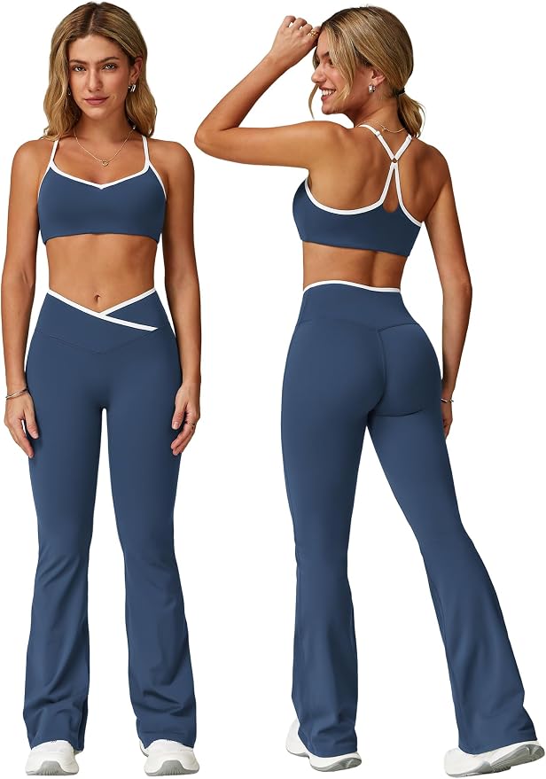 ABOCIW Workout Sets for Women 2 Piece Color Block Strappy Sports Bra High Waist Shorts Gym Yoga Pilates Outfits