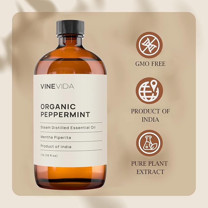 VINEVIDA Organic Peppermint Essential Oil - 16 oz - Undiluted - DIY Candle Scents & Bulk for Soap Making