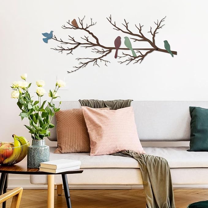 ESTART Metal Birds Wall Art, Metal Vivid Birds on Branch Silhouette Wall Decor Leaves with Bird Outdoor Hanging Wall Sculpture for Home Living room Bedroom Balcony Garden (Colorful, Small)