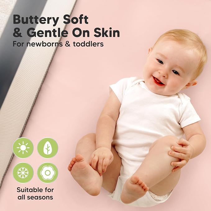 2-Pack Waterproof Pack and Play Sheets, Mini Crib Sheets Fitted for Boy, Girl - 38 x 26 Viscose from Bamboo Pack N Play Mattress Sheets for Graco, Toddler Playard Baby Crib Sheets Neutral (Cameo)