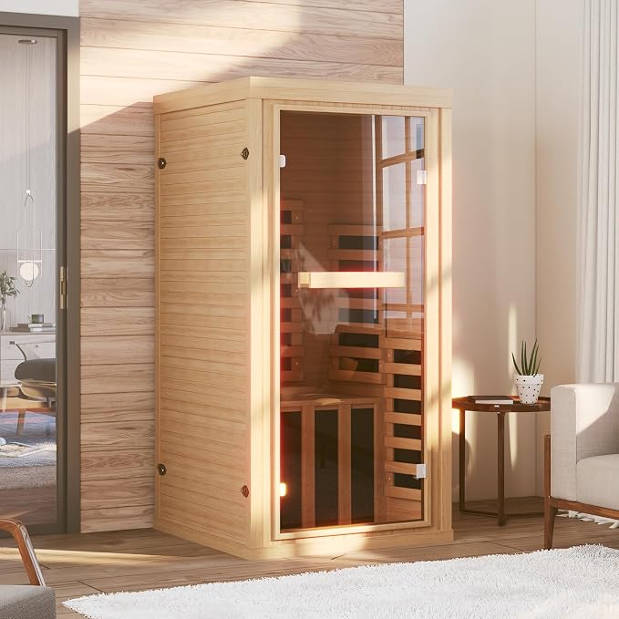 Far Infrared Wooden Sauna Room, 1 Person Traditonal Red Light Sauna, Canadian Hemlock Indoor Dry Sauna Room for Low EMF with Bluetooth Speakers and Control Panel, Whole Glass，32"x 32"x 66"