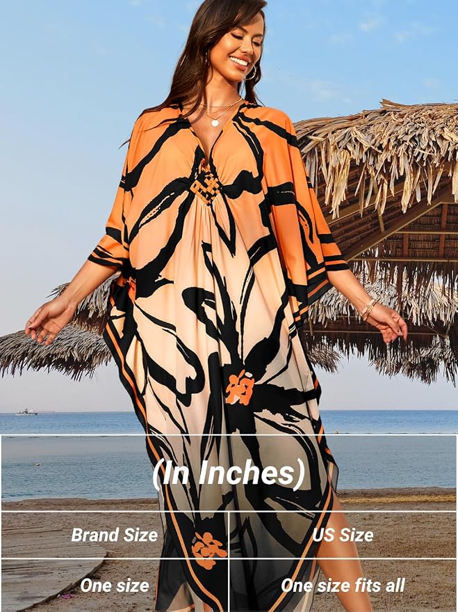 ChiaoLezhee Print Moo-Moos for Women, Kaftan Cover-Up Dresses, Sexy V-Neck High-Slit, Beach Pool-Party Coverups Muumuu Plus