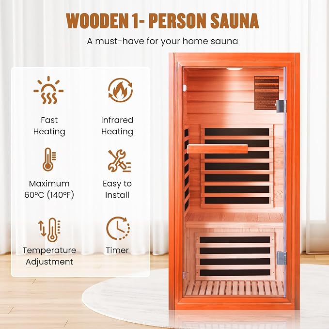 Infrared Sauna, Far Infrared Saunas for Home, Low EMF 1 Person Sauna Indoor Sauna Room Dry Sauna with Bluetooth Speakers 7 Color Light Therapy 1065W/120V Fast Heating Easy Assembly 31.5 * 31.5 * 63"