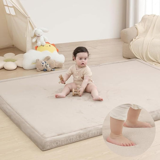 Large 79"x118" Baby Activity Play Mat for Floor,2" Extra Thick Elasti Foam Mat for Tummy Time &Crawling,Non-Slip Nursery Rug for Infants,Toddlers & Kids,Tatami Style for Classroom&Playroom (Beige)