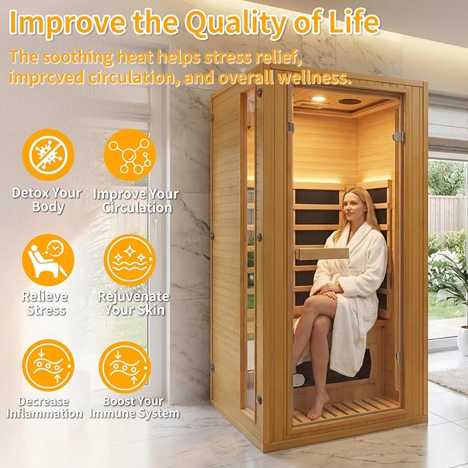 Home Infrared Sauna Room 1 Person Wooden Canadian Hemlock 1260W Low Magnetic Graphene Carbon Plate Heater Indoor Saunas (1-2 Person 34.25 * 31.1 * 66.9in)