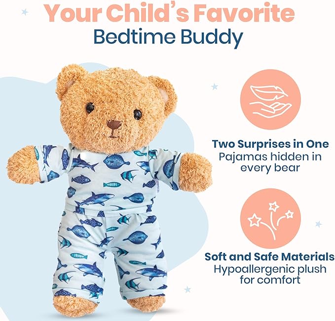 Zip N' Bear Soft Plush Teddy Bear Stuffed Animal with Fin Frenzy Pajamas - Zippy The Bear Cute Cuddly Plush Toy, Perfect Sensory Teddy for Kids, Toddlers - Adorable Gift & Bedtime Companion