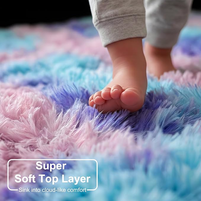 Amdrebio Purple Rainbow Round Area Rug 7Ft for Girls Bedroom Living Room Decor, Colorful Floor Mermaid Kids Rugs for Playroom Nursery Classroom, Fluffy Fuzzy Cute Plush Carpet, Large Big Circle Rug