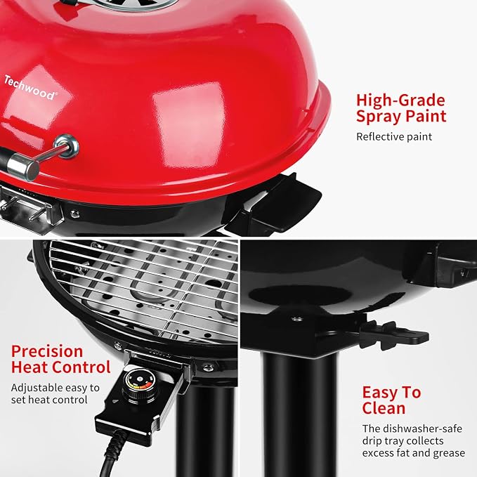 Electric Grill Outdoor BBQ, Techwood 15-Serving Indoor/Outdoor Electric Grill for Indoor & Outdoor Use, Double Layer Design, Portable Removable Stand Grill, 1600W (Stand Red BBQ Grills)