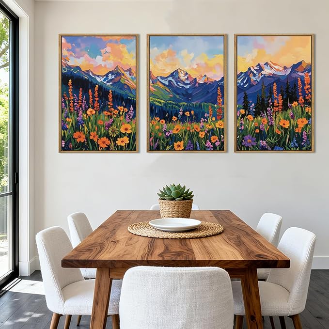 ANHUIB Colorful Wildflower Wall Art Boho Mountain Wall Decor Nature Floral Art Print 16x24 Inch Set of 3 for Living Room Bedroom Dining Room