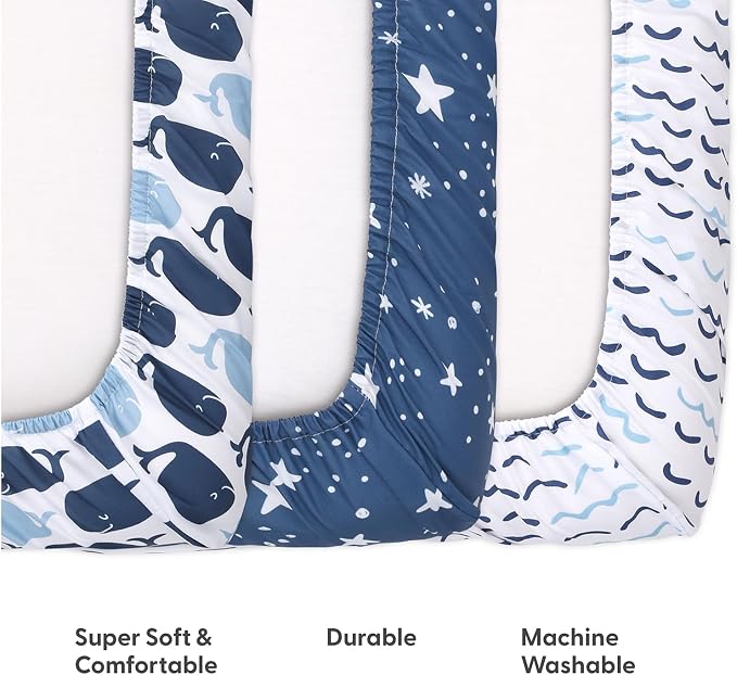 The Peanutshell 3-Pack Fitted Playard Sheets - Soft & Breathable Baby Boy or Girl Mini Crib Sheets, Pack N Play Mattress, Fits Standard Playard Pack Play Mattresses - Nautical