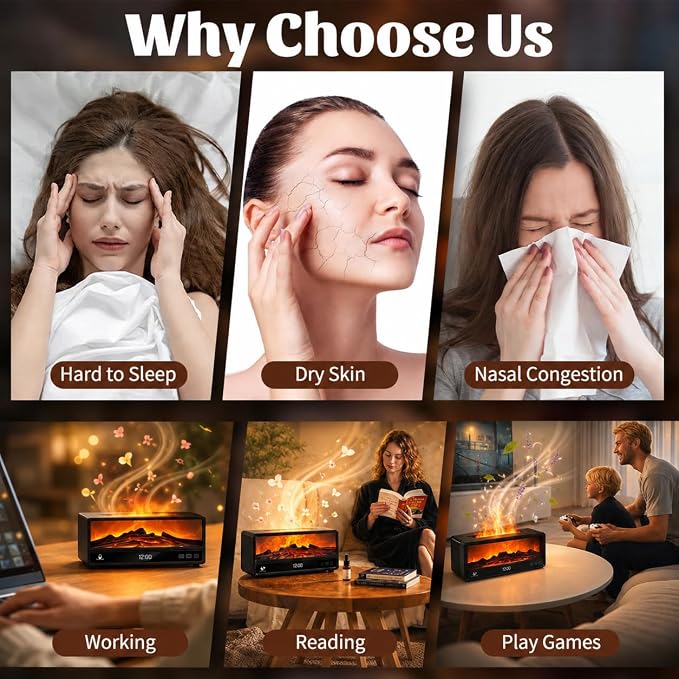 Fireplace Aroma Diffuser for Bedroom Nightstand, Essential Oil Diffuser with Realistic Flame Effect, Remote Control, Timer Auto-Off, 7 Color LED Ultrasonic Aromatherapy Diffuser for Home Office Decor