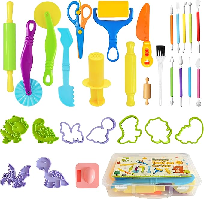 Kleeblatt Dough Tools Set for Kids - 20 Pcs Playdough Kit with 9 Basic Dough Tools,9 Double-Headed Clay Carving Tools,1 Cute Silicone Molds & Cleaning Brush, Safe for Toddlers Ages 2-8