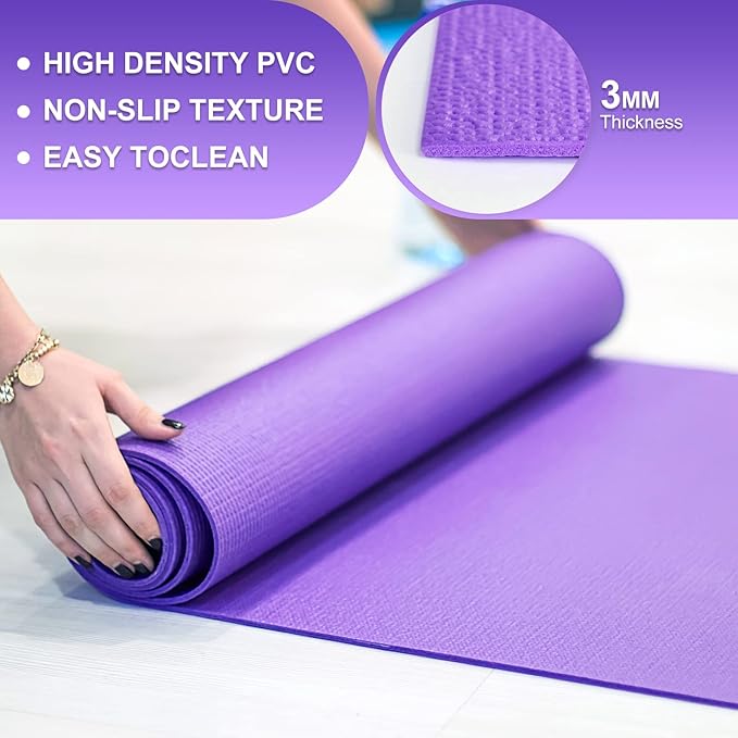 3 mm Thin Yoga Mats Bulk, Lightweight PVC Exercise Mats Non Slip Workout Fitness Pads for Yoga Pilates Stretching Classes Gym Home Studio, Easy to Clean