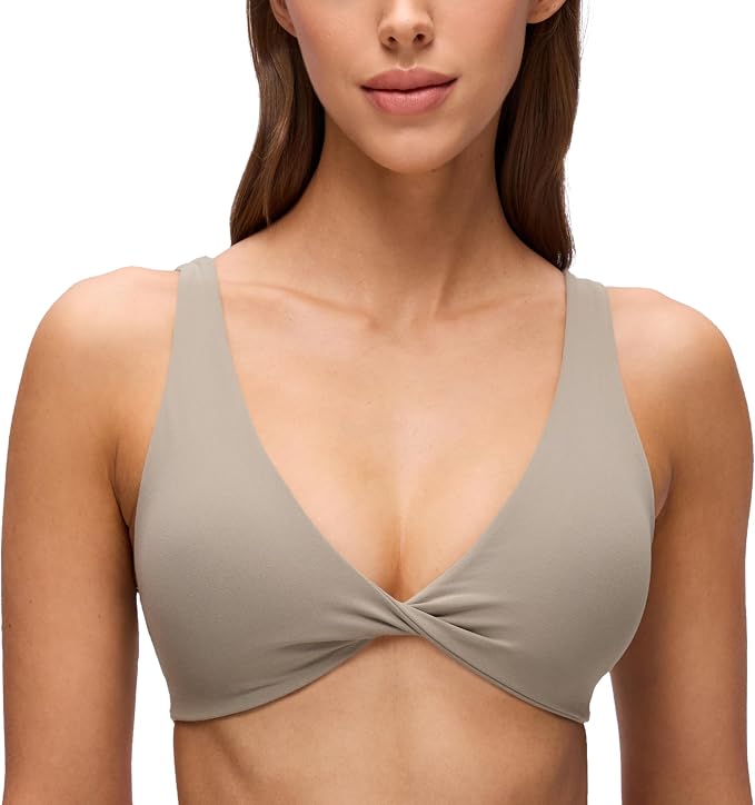 CRZ YOGA Butterluxe Front Twist Deep V Neck Sports Bras for Women - Wide Straps Padded U Back Yoga Crop Top
