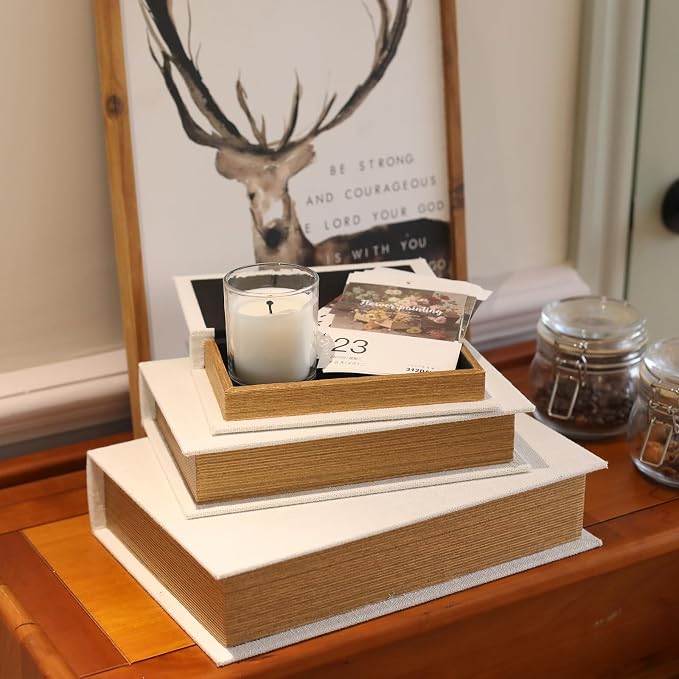 Decorative Book Boxes Set of 3,Modern Faux Linen Hidden Storage, Off White | For Coffee Table – Stackable Fake Books for Shelf Decor, Remote Control & Jewelry Organizer