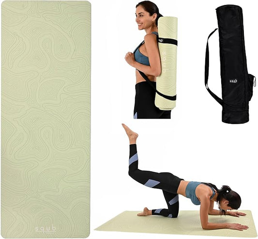 Yoga Mat Thick 5mm – Non Slip Exercise Mat Workout Surface, PU Natural Rubber Grip, Extra Large 183x68 cm Wide Design, Pilates Fitness Training, Includes Strap & Carry Bag
