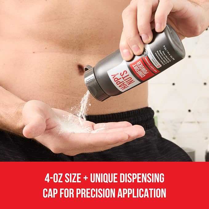HAPPY NUTS Comfort Powder - Anti Chafing & Deodorant, Aluminum-Free, Sweat and Odor Control for Jock Itch, Groin and Men's Private 4 Oz (4 Ounce (Pack of 1), Big Wood)