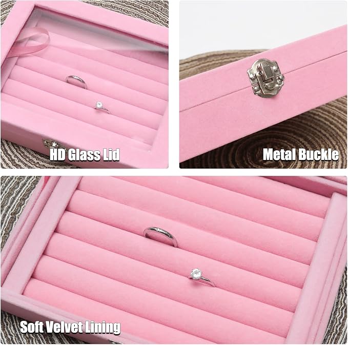 Small Velvet Jewelry Tray with Clear Lid, 8 Rolls Pink | Lockable Ring Earring Holder Organizer Storage Box Case Jewelry Box Organizer for Rings Earrings Bracelets Brooches