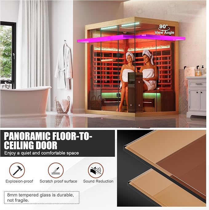 MEISSALIVVE Full Spectrum Infrared Sauna，3-4 Person Home Sauna，Wooden Canadian Hemlock Luxury Indoor Spa Sauna with Resonance Speaker, Panoramic Tempered Glass Door
