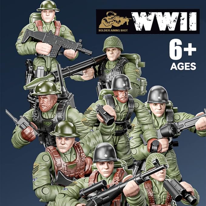 WWII Military Soldiers Action Figure with Weapons and Accessories Building Blocks Playset, 8 PCS 1:36 Scale Mini Army Men Figure, Multiple Movable Joints, Best Gift for Kids 8 9 10
