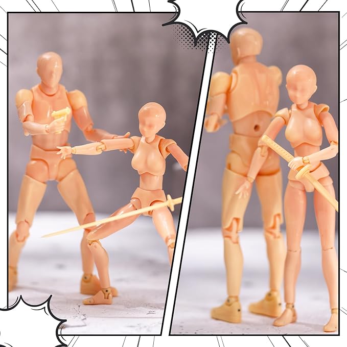 Meooeck 4 Sets Action Figures PVC Body Artists Model posable Drawing Mannequin for Painting, Sketching, Collection Gifts, Home Office Desk Decoration(Beige)