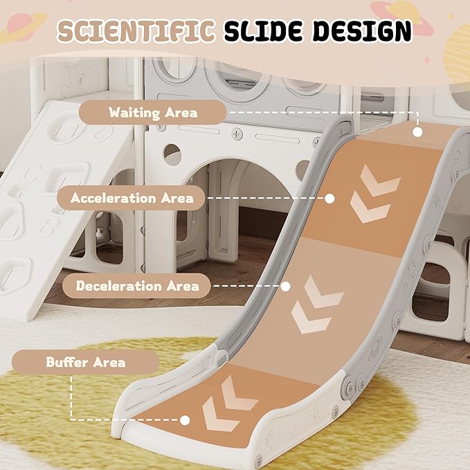 GITAWUSA 9 in 1 Toddler Slide Set Playground Indoor & Outdoor Fun for Kids & Babies Aged 1-3, Featuring Climbing Board, Basketball Hoop, Telescope, Storage Space and Non-Slip Steps, Gray & White