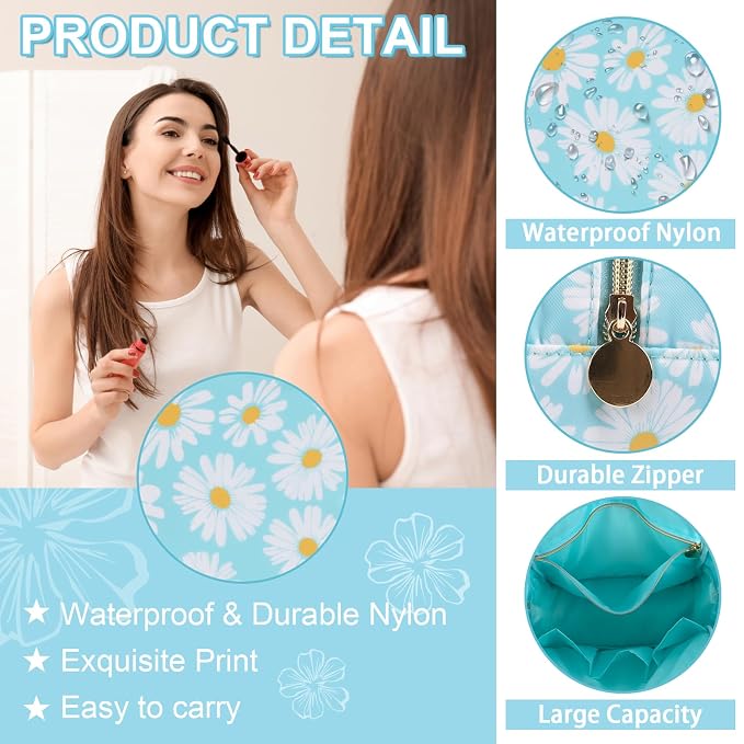 UIXIZQ Waterproof Large Floral Makeup Pouch,Nylon Travel Toiletry Storage Purse Preppy Cosmetic Bag for Women Girl,Large Capacity Makeup Organizer Zipper Pouch for Work(L Blue-Daisy)