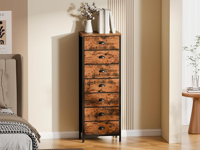 Dresser for Bedroom, 7 Drawers Tall Chest of Drawers | Rustic Brown Storage Organizer, Fabric Bins, Metal Frame, Wood Desktop, Dorm Vertical Closet,Bedside Furniture in Living Room