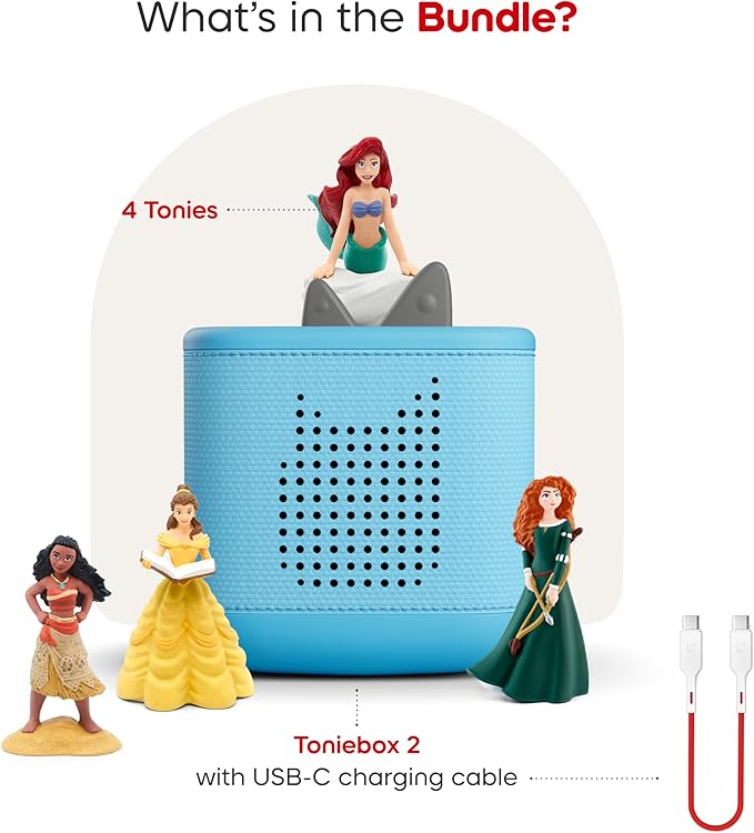 Toniebox 2 Audio Player Disney Princess Bundle for Kids 3+ with Ariel, Moana, Merida, and Belle - Sky Blue