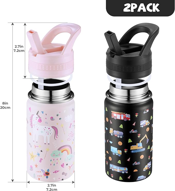 2 Pack Kids Water Bottle,14oz Stainless Steel Insulated Water Tumbler Leak-Proof,School Water Mug,Small and Portable,Suitable for Boys and Girls to Use(Black car + Pink unicorn)