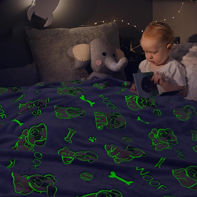 ORDM Glow in The Dark Blanket Dog Pattern Blankets Pug Gifts for Pug Lovers Doggy Throw Blanket Fleece for Kids Adults