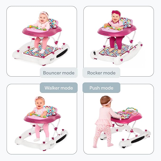Dream On Me Go-Getter Baby Walker with Rear Push Handle, 2-in-1 Activity Walker and Walk-Behind, 3 Height Adjustments, Easy to Fold, Machine-Washable Seat Pad, Detachable Fun Tray, Pink