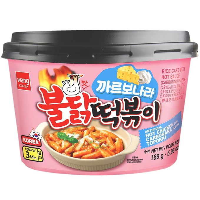 Wang Buldak Carbonara Tteokbokki Rice Cakes Bowl | Korean Spicy Topokki with Creamy Hot Chicken Sauce, Ready in 5 Minutes, Pack of 6