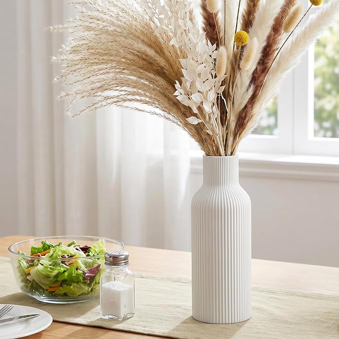 Large White Tall Ceramic Vase,Modern Matte Vertical Ribbed, Nordic Minimalist for Pampas, Dried & Fresh Flowers,Home Decor for Living Room, Coffee Table, Bookshelf, Entryway, Farmhouse
