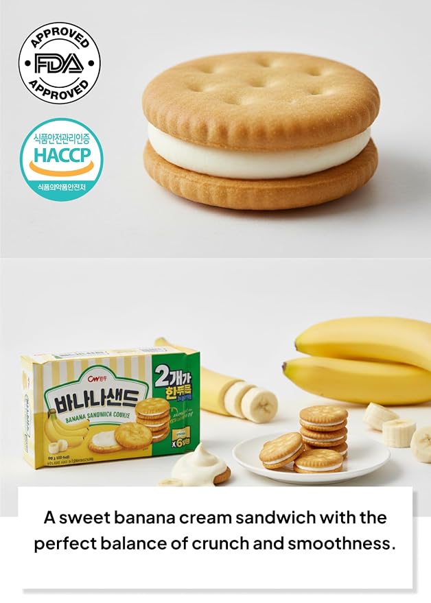 Korean Food CW Banana Sandwich Cookies, Sweet Banana Biscuits 12 Packs 360g | Crispy sandwich cookies filled with sweet banana cream. Family pack includes 12 individual snack packs, 360g total.