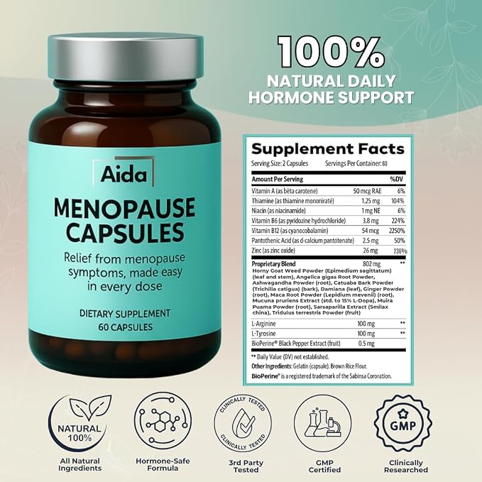 Aida™ - Menopause Capsules – Estrogen Support for Women with Ashwagandha, Maca & Tribulus – Weight Management, Bloating Relief, Hormonal Balance, Menopause Symptoms (30 Servings)