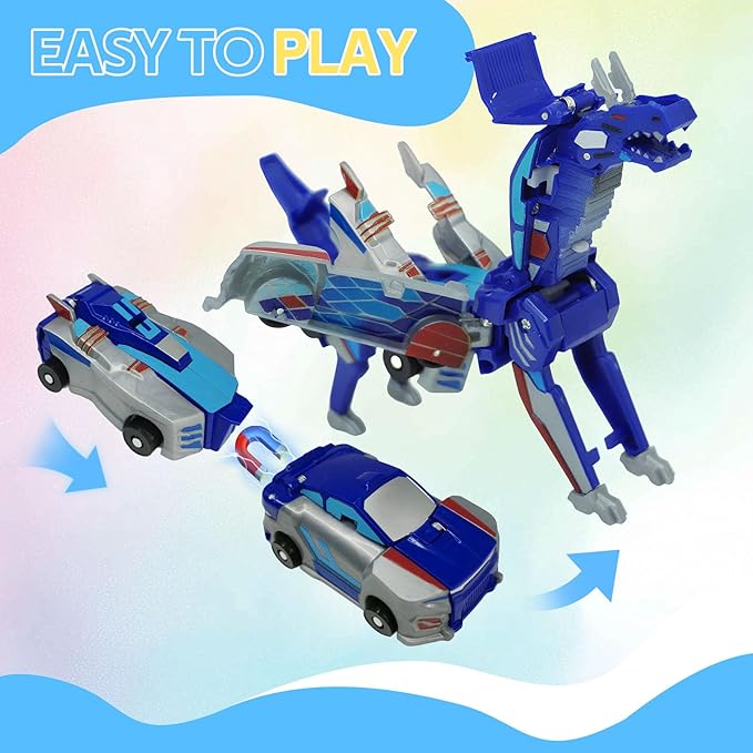 Dinosaur Collision Transforming Car Toy,Magnetic Cars Transform Into Dinosaurs,Transformation Car Toys for Boys & Girls with Transform Feature,Party Gift for Birthday,Christmas (Blue Dragon)