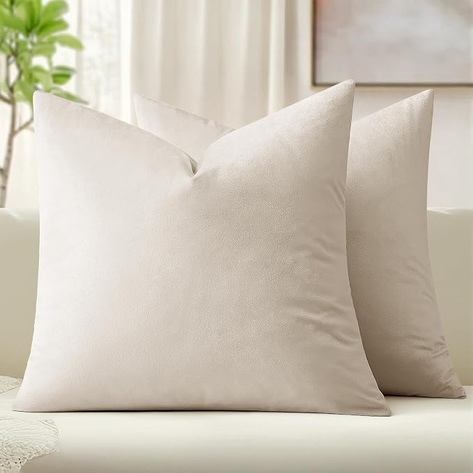 MIULEE 24x24 Inch Pack of 2 Euro Velvet Throw Pillow Covers Cream White | Soft Solid Decorative Euro Sham, Modern Luxury Home Decor, for King Bed Sofa Couch Bedroom Livingroom