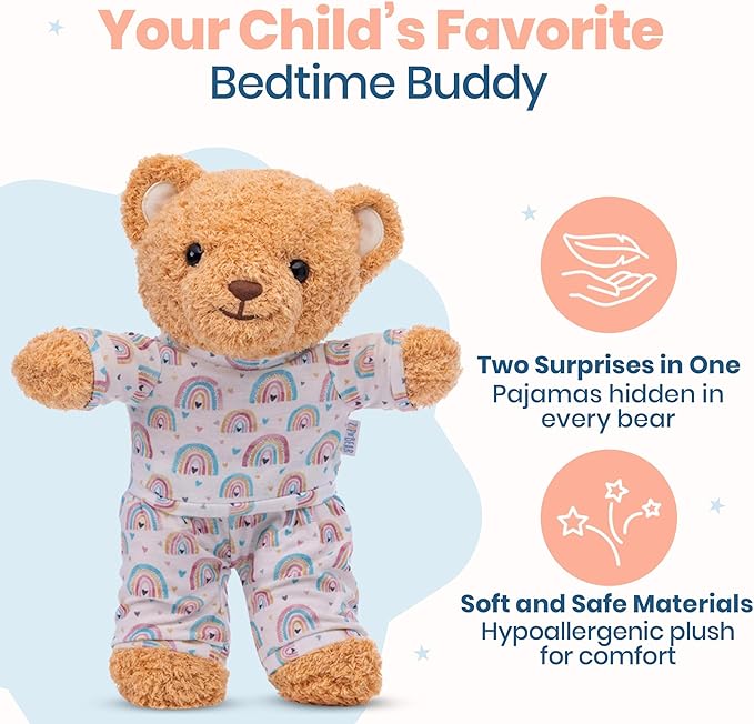 Zip N' Bear Soft Plush Teddy Bear Stuffed Animal with Radiant Rainbow Pajamas - Zippy The Bear Cute Cuddly Plush Toy, Perfect Sensory Teddy for Kids, Toddlers - Adorable Gift & Bedtime Companion