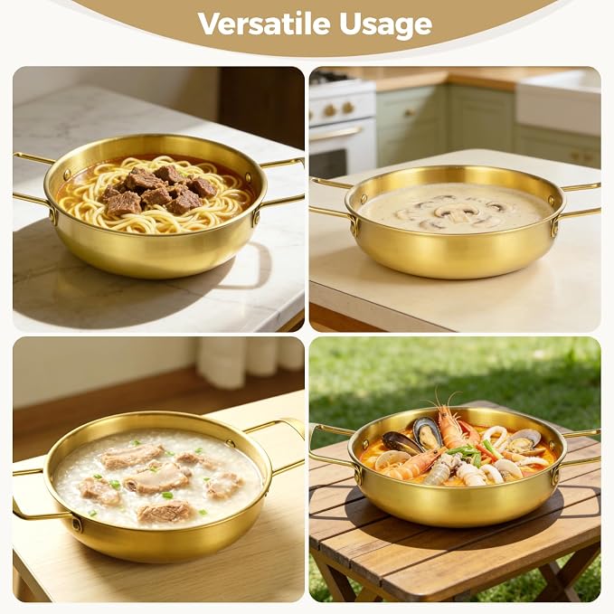 4Pcs Korean Ramen Pot Set,Stainless Steel Ramen Pot with Double Handles, 8.4-10.7 in Diameter Korean Noodle Pot Golden Soup Pots & Cooking Pots for Stove,Pasta,Soup (Gold)