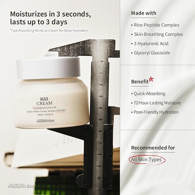 R33 Rice Face Moisturizer Korean Skincare Glass Skin Squalane Niacinamide Hyaluronic Acid Barrier Cream Night Cream Dry Sensitive Skin Fragrance Free 100ml 3.38 fl oz