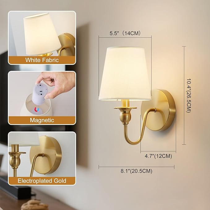 Battery Operated Wall Sconces set of Two,Wireless Wall Sconces with 10000mAh Dimmable Bulb and Remote,LED 15 Colors Rechargeable Gold Wall Sconce with Fabric for Bedroom Living Room Hallway Wall Decor