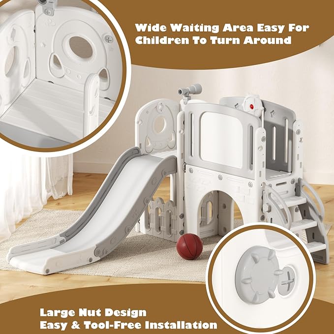 Glaf Toddler Slide 9 in 1 Outdoor Playset Playground Indoor Kids Baby Slides for Toddlers Age 1-3 with Climber Basketball Hoop Telescope Drawing Board and Storage Space for Backyard (Grey)