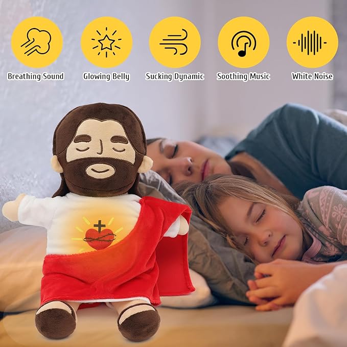 Officially Jesus Plush Breathing Soothing Stuffed Animal Heart of Jesus Toy Savior Doll for Church Sunday School Religious Easter Gift (Brown)