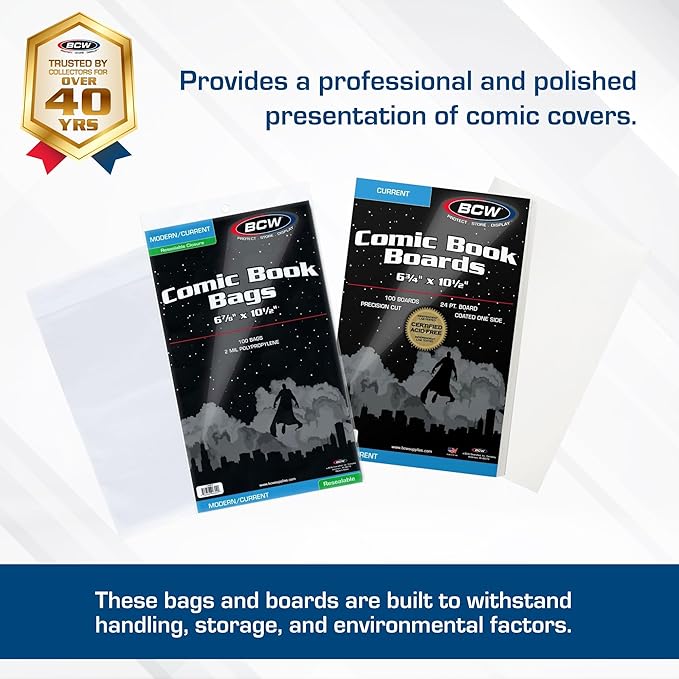 BCW Resealable Current Comic Book Combo Pack | 200 Pack for Acid-Free Backing Boards & Resealable Bags | Comic Book Storage & Protection | Fits Current Comics | Archival Quality | Standard 6.88x10.5