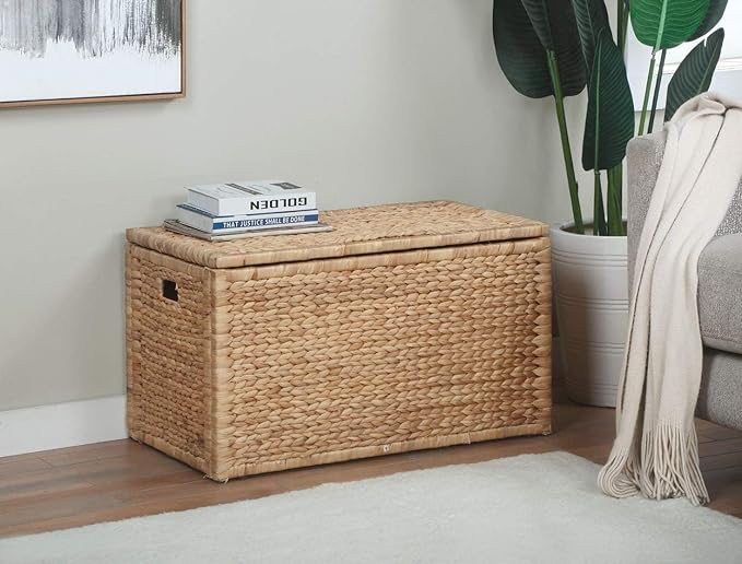 Water Hyacinth Wicker Storage Trunk, Natural, 30x17.5x17.5 Inches | Safety Hinge, Metal Frame, Decorative Blanket Chest & Storage Box, Farmhouse Woven Storage, For Living Room & Entryway
